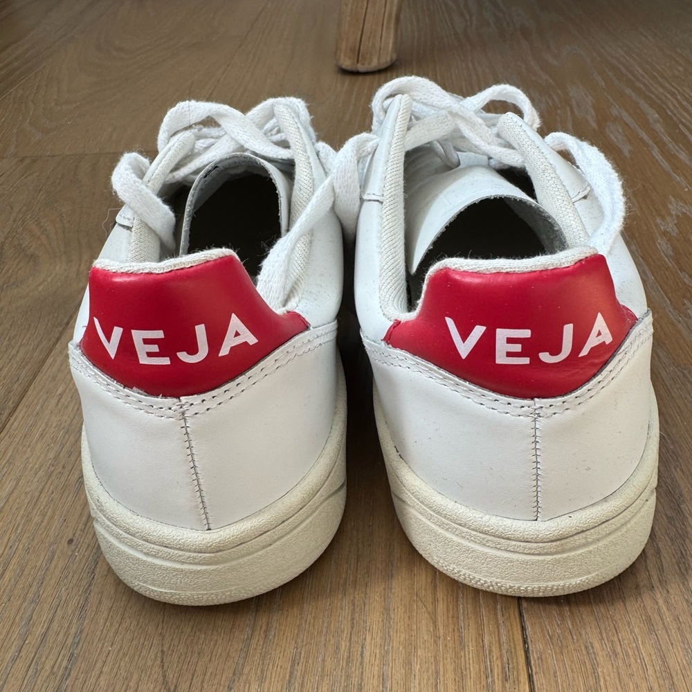 Veja White Leather Sneakers with Red Heel Panel